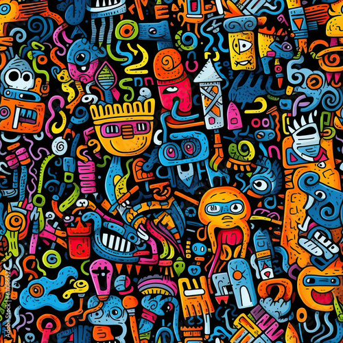 Funky doodles seamless repeat pattern - colorful abstract art [Generative AI]
