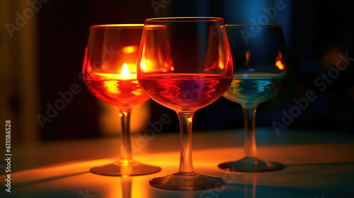 Young couple with glasses of wine having romantic candlelight dinner. Generative ai