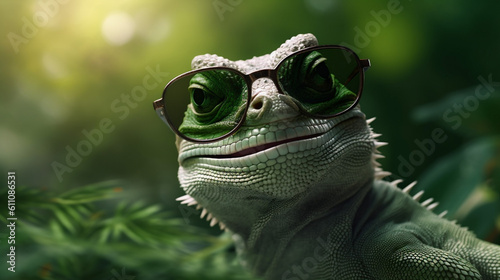 reptile portrait wildlife green scale animal glasses lizard iguana close-up. Generative AI.