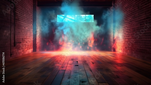 Dark basement room  empty old brick wall  sparks of fire. Generative ai