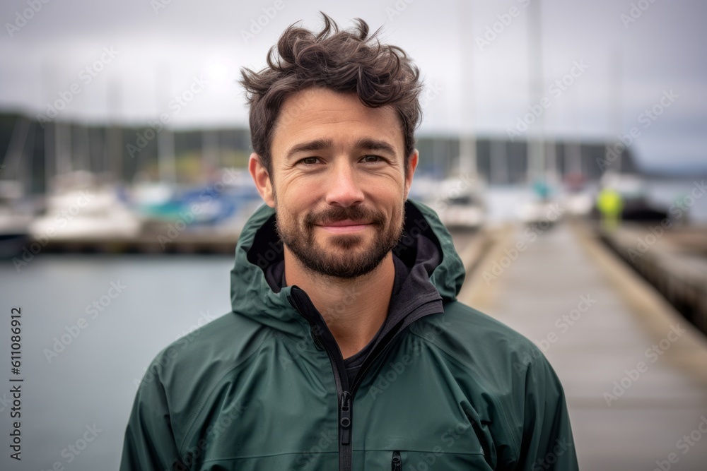 Headshot portrait photography of a glad boy in his 30s wearing a lightweight windbreaker against a picturesque harbor background. With generative AI technology