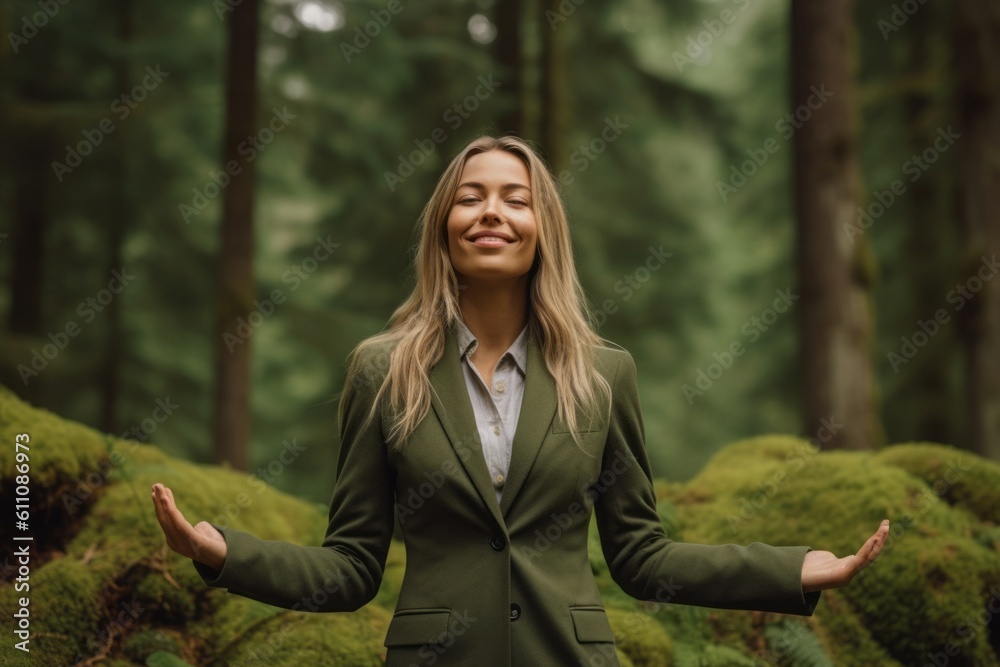 Environmental portrait photography of a joyful girl in her 30s wearing a sleek suit against a moss-covered forest background. With generative AI technology Environmental portrait photography of a joyful girl in her 30s wearing a sleek suit against a moss-covered forest background. With generative AI technology