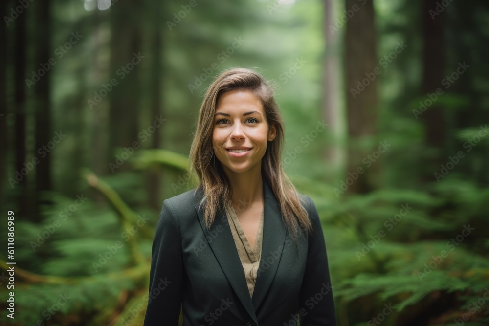 Environmental portrait photography of a joyful girl in her 30s wearing a sleek suit against a moss-covered forest background. With generative AI technology Environmental portrait photography of a joyful girl in her 30s wearing a sleek suit against a moss-covered forest background. With generative AI technology