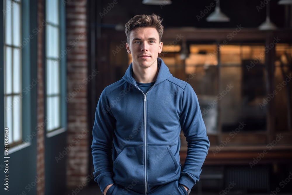 Studio portrait photography of a satisfied boy in his 30s wearing a comfortable tracksuit against a spacious loft background. With generative AI technology Studio portrait photography of a satisfied boy in his 30s wearing a comfortable tracksuit against a spacious loft background. With generative AI technology