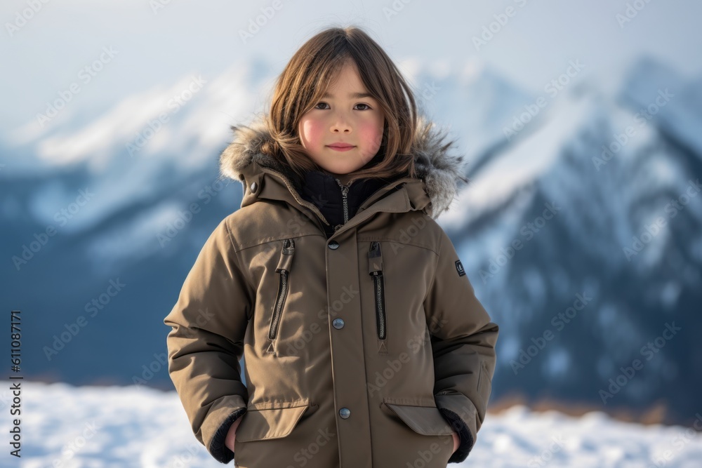 Full-length portrait photography of a satisfied kid female wearing a durable parka against a serene snow-capped mountain background. With generative AI technology Full-length portrait photography of a satisfied kid female wearing a durable parka against a serene snow-capped mountain background. With generative AI technology