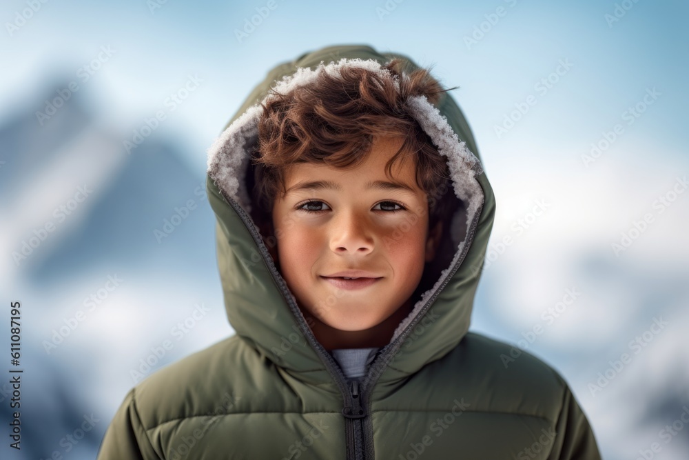 Medium shot portrait photography of a happy kid male wearing a comfortable hoodie against a serene snow-capped mountain background. With generative AI technology Medium shot portrait photography of a happy kid male wearing a comfortable hoodie against a serene snow-capped mountain background. With generative AI technology