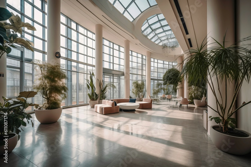 Empty corridor in modern clinic with tall windows and seating area. Generative AI illustration