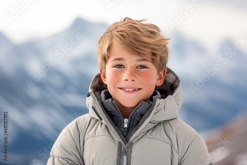 Medium shot portrait photography of a happy kid male wearing a comfortable hoodie against a serene snow-capped mountain background. With generative AI technology