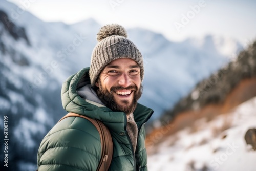 Conceptual portrait photography of a happy boy in his 30s wearing a warm beanie against a serene snow-capped mountain background. With generative AI technology