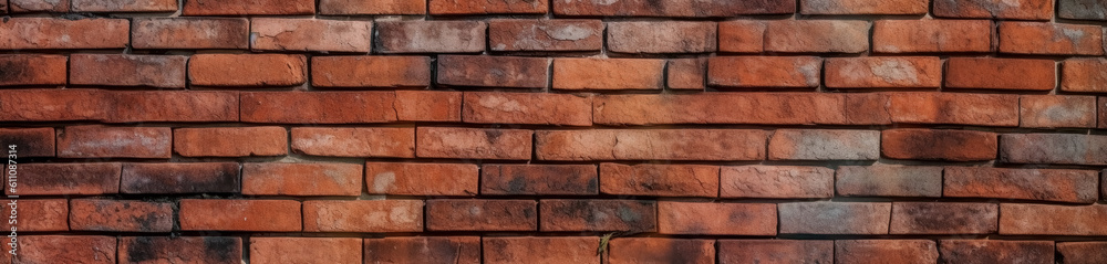 Old distressed Red brick wall texture, wide panoramic, Modern game texture pattern. Generative Ai. Old distressed Red brick wall texture, wide panoramic, Modern game texture pattern. Generative Ai.