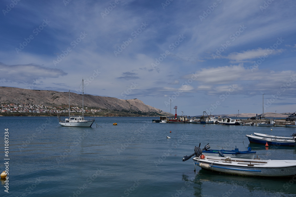 Pag, Croatia - May 19, 2023 - view of Pag port in Croatia on a sunny spring day