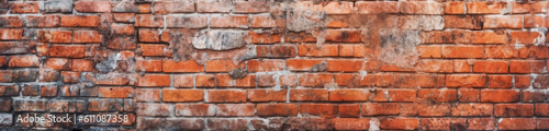 Old distressed Red brick wall texture, wide panoramic, Modern game texture pattern. Generative Ai.