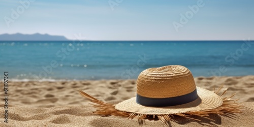 Straw hat on the beach. Beach holiday concept  generative ai