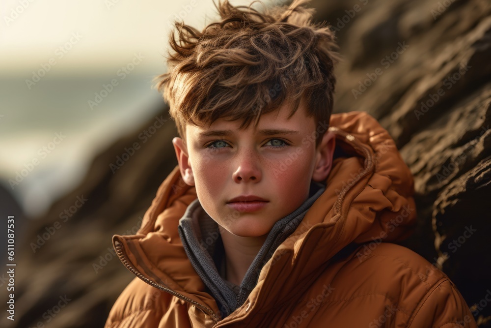 Close-up portrait photography of a satisfied kid male wearing a warm parka against a dramatic coastal cliff background. With generative AI technology