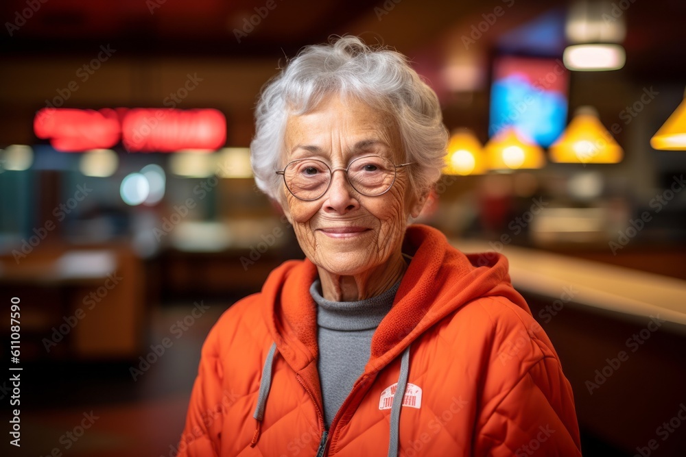 Lifestyle portrait photography of a glad mature woman wearing a cozy zip-up hoodie against a classic diner background. With generative AI technology