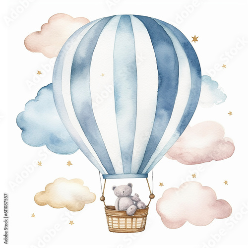 Teddy bear with balloons. Watercolor hand painted illustrations for baby girl shower isolated on white background .