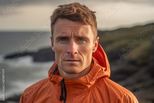 Headshot portrait photography of a glad boy in his 30s wearing a lightweight windbreaker against a dramatic coastal cliff background. With generative AI technology