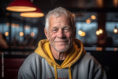 Headshot portrait photography of a glad mature man wearing a cozy zip-up hoodie against a classic diner background. With generative AI technology © Markus Schröder