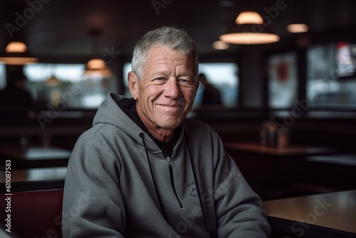 Headshot portrait photography of a glad mature man wearing a cozy zip-up hoodie against a classic diner background. With generative AI technology
