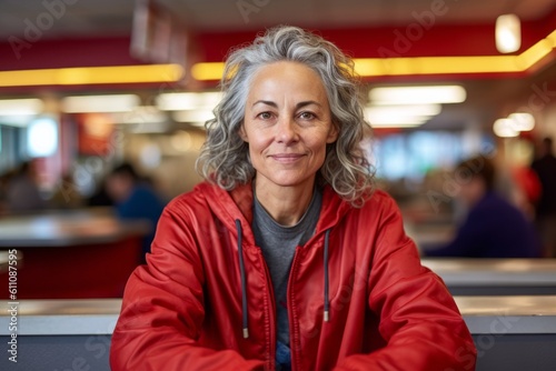 Lifestyle portrait photography of a glad mature woman wearing a cozy zip-up hoodie against a classic diner background. With generative AI technology