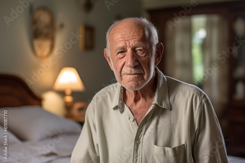 Environmental portrait photography of a glad old man wearing a casual short-sleeve shirt against a charming bed and breakfast background. With generative AI technology
