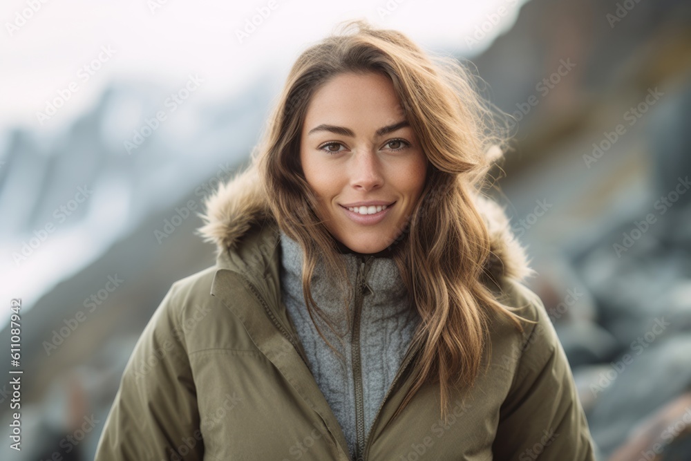 Medium shot portrait photography of a satisfied girl in her 30s wearing a warm parka against a scenic mountain trail background. With generative AI technology Medium shot portrait photography of a satisfied girl in her 30s wearing a warm parka against a scenic mountain trail background. With generative AI technology