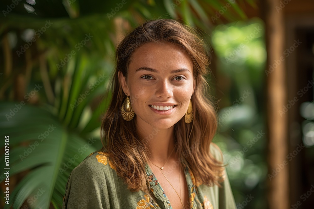 Close-up portrait photography of a glad girl in her 30s wearing a chic cardigan against a lush tropical jungle background. With generative AI technology Close-up portrait photography of a glad girl in her 30s wearing a chic cardigan against a lush tropical jungle background. With generative AI technology