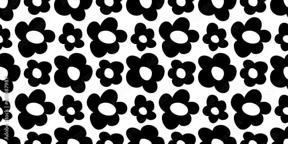Fototapeta premium Black and white floral seamless pattern illustration. Vintage 70s style hippie flower background design. Y2k nature backdrop with daisy flowers.
