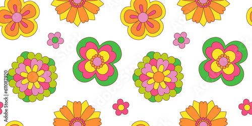 Vintage flower seamless pattern illustration. Retro psychedelic floral background art design. Groovy colorful spring texture, hippie seventies nature backdrop print with repeating daisy flowers. 