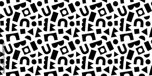 Fun black and white doodle seamless pattern. Creative minimalist style art background for children or trendy design with geometric shapes. Simple childish backdrop.  