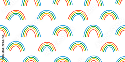 Diverse colorful rainbow seamless pattern illustration. Multi color cartoon wallpaper print in funny children doodle style. Kid art project design or diversity pride background texture. 