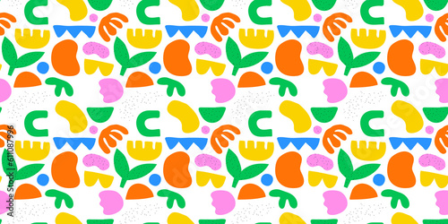 Abstract organic shape seamless pattern with colorful geometric doodles. Flat cartoon background, simple random shapes in bright childish colors.	

