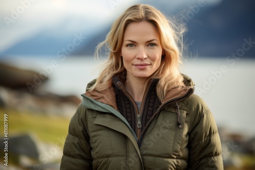 Medium shot portrait photography of a satisfied girl in her 30s wearing a warm parka against a scenic mountain trail background. With generative AI technology