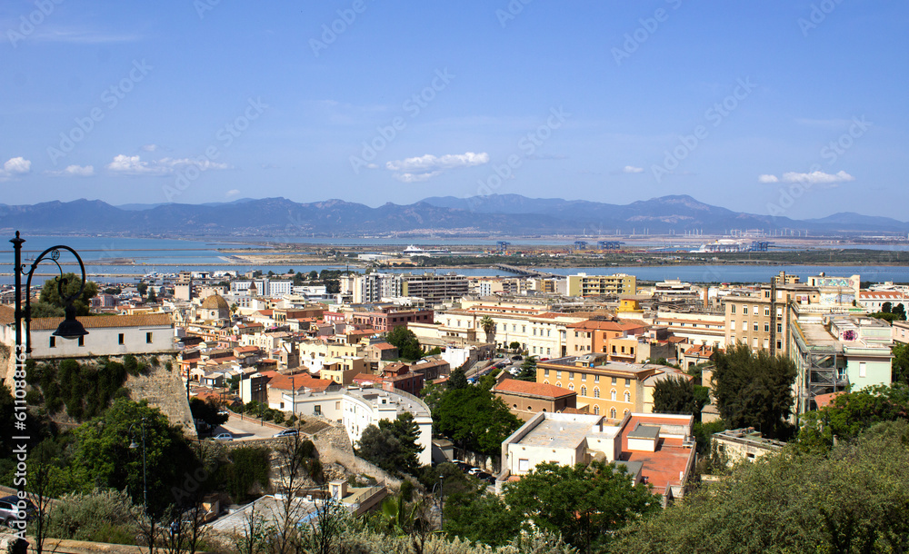 Panoramic view of the city and sea port on the summer day. Cagliari. Sardinia. Italy.