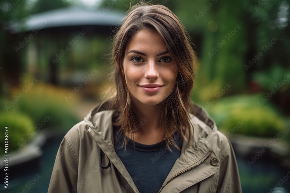 Close-up portrait photography of a satisfied girl in her 30s wearing a lightweight windbreaker against a tranquil koi pond background. With generative AI technology