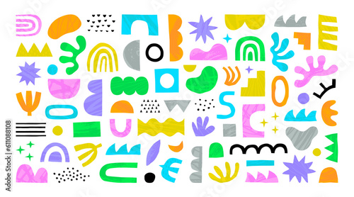 Abstract organic shape seamless pattern with colorful geometric doodles. Flat cartoon background, simple random shapes in bright childish colors.