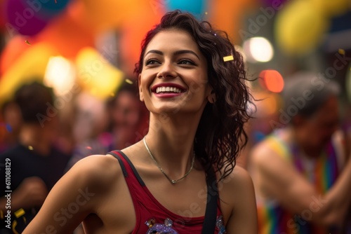 Conceptual portrait photography of a satisfied girl in her 30s wearing a sporty tank top against a festive parade background. With generative AI technology