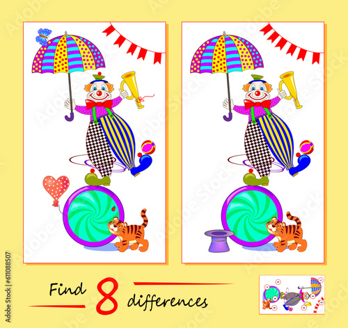 Find 8 differences. Illustration of a funny clown juggling in the circus. Logic puzzle game for children and adults. Page for kids brain teaser book. Developing to count. Vector drawing.