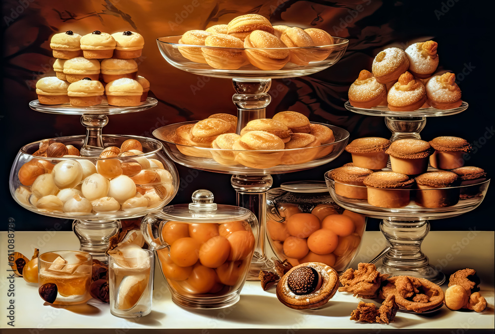 a dessert display showing pastries and nuts, generative ai