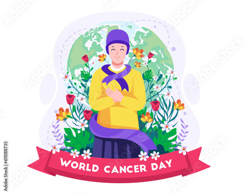Happy cancer girl embracing self with a purple support ribbon. World cancer day illustration concept