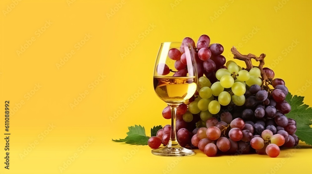 A glass of white wine against the background of bunches of different grapes. Banner with place for text.
illustration, generative ai