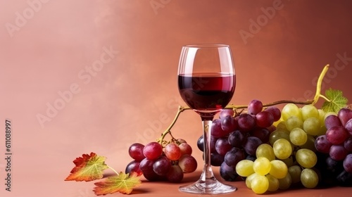 A glass of red wine against the background of bunches of different grapes. Banner with place for text. illustration  generative ai