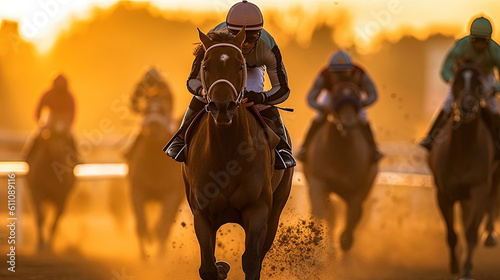 Horse racing at sunset. Silhouette of thoroughbred and jockey, Generative AI © Sasint