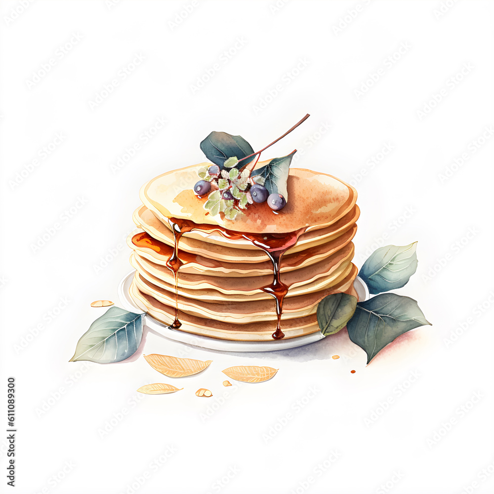 Watercolor Pancakes with blueberries and maple syrup