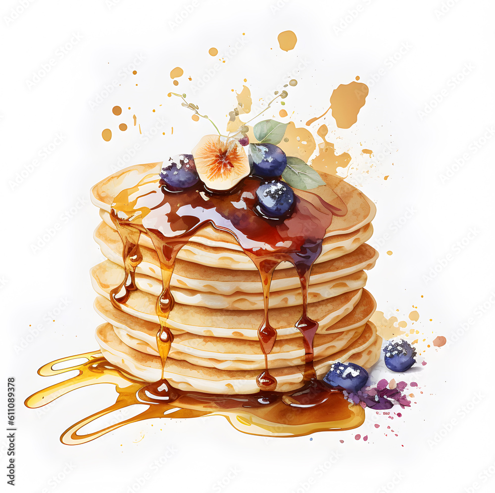Watercolor Pancakes with blueberries and maple syrup