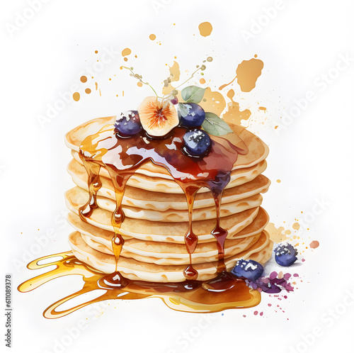 Obraz na płótnie Watercolor Pancakes with blueberries and maple syrup w salonie