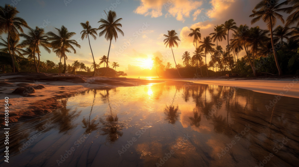 Sunset Serenity: A Captivating Low Angle View of a Beach Oasis. Generative AI