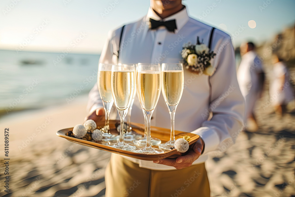 Waiter at a party, carrying a tray with champagne or wine glasses