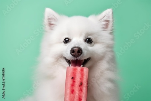 ddog eats ice pops with pink ice cream background image, ai generative photo