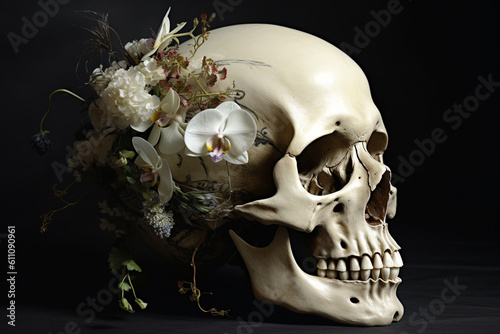 States of mind, religion and nature concept. Abstract composition of human skull with various colorful flowers bouquet on head. Generative AI